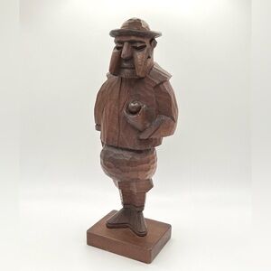 Vintage Hand Carved Brown Wooden Folk Art Figurine Rustic Man Mid Century Statue